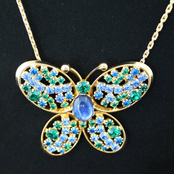 Large Butterfly Pendant, Rhinestones & Art Glass - Picture 1 of 5